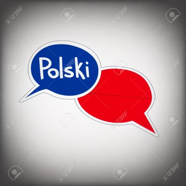 Una ilustración del vector con dos burbujas dibujadas mano del discurso del garabato con una bandera nacional de Polonia y un nombre escrito mano del idioma polaco. Diseño moderno para el lenguaje.