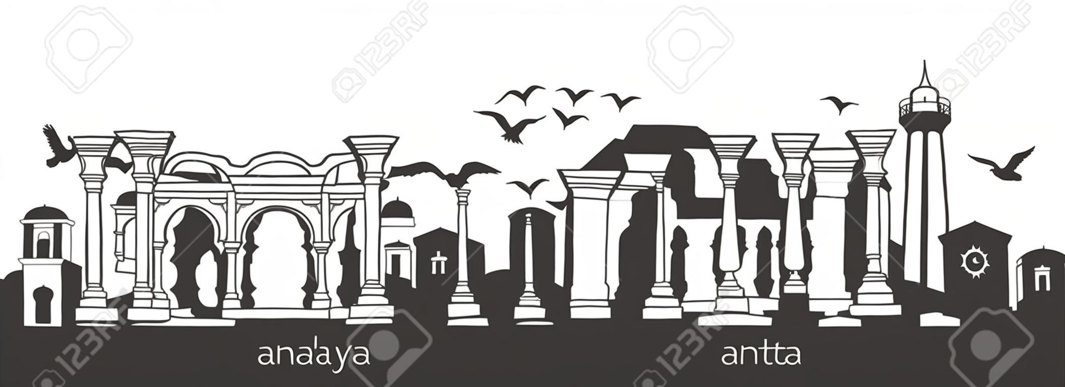 Antalya, Turkey with hand drawn doodle turkish symbols. Horizontal panoramic scene for banner or print design. Flat minimalistic style with black elements.