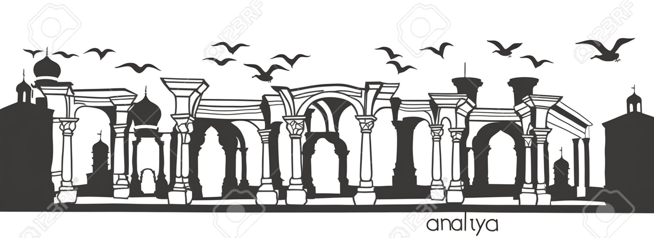 Antalya, Türkei mit handgezeichneten türkischen Doodle-Symbolen. Horizontale Panoramaszene für Banner- oder Druckdesign. Flacher minimalistischer Stil mit schwarzen Elementen.