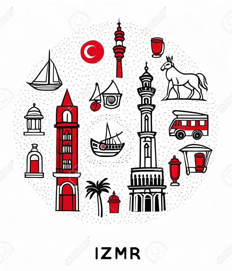 Izmir, Turkey. Vector illustration of famous Turkish symbols and landmarks in circle frame. Hand drawn doodle elements isolated on white. Set of icons in round composition for city tourism promotion.