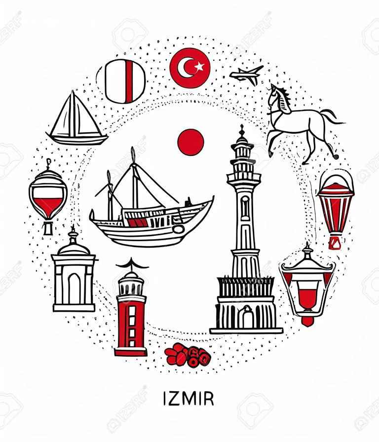 Izmir, Turkey. Vector illustration of famous Turkish symbols and landmarks in circle frame. Hand drawn doodle elements isolated on white. Set of icons in round composition for city tourism promotion.