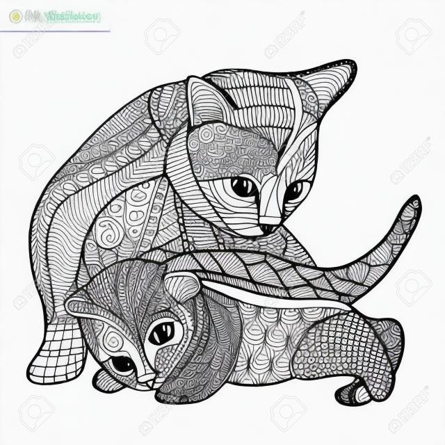 貓媽媽和她的小貓 - 圖畫書為成人 -  zentangle貓的書，手工繪製插圖孤立