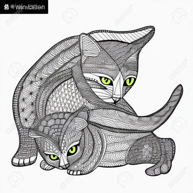 Cat mother and her kitten - coloring book for adults - zentangle cat book, hand drawn isolated illustration
