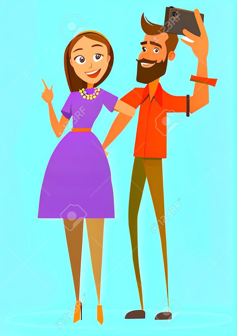 Feliz pareja son tomar selfie. Hombre y mujer son fotografiados juntos. Ilustración de vector en un estilo plano