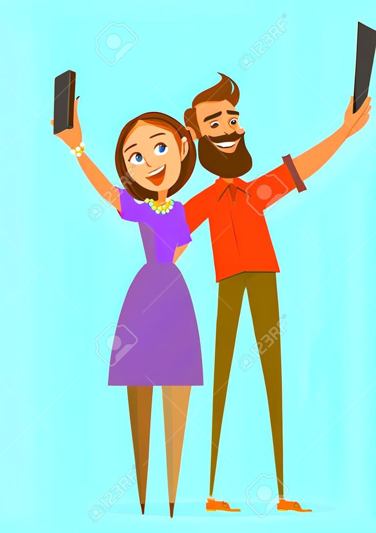 Feliz pareja son tomar selfie. Hombre y mujer son fotografiados juntos. Ilustración de vector en un estilo plano