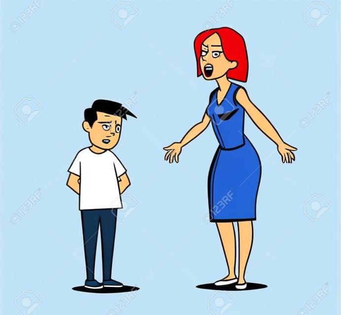 Angry mother scolds the guilty son. Vector illustration in cartoon style.