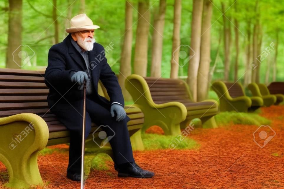old elegant man with walkingstick sitting on a bench