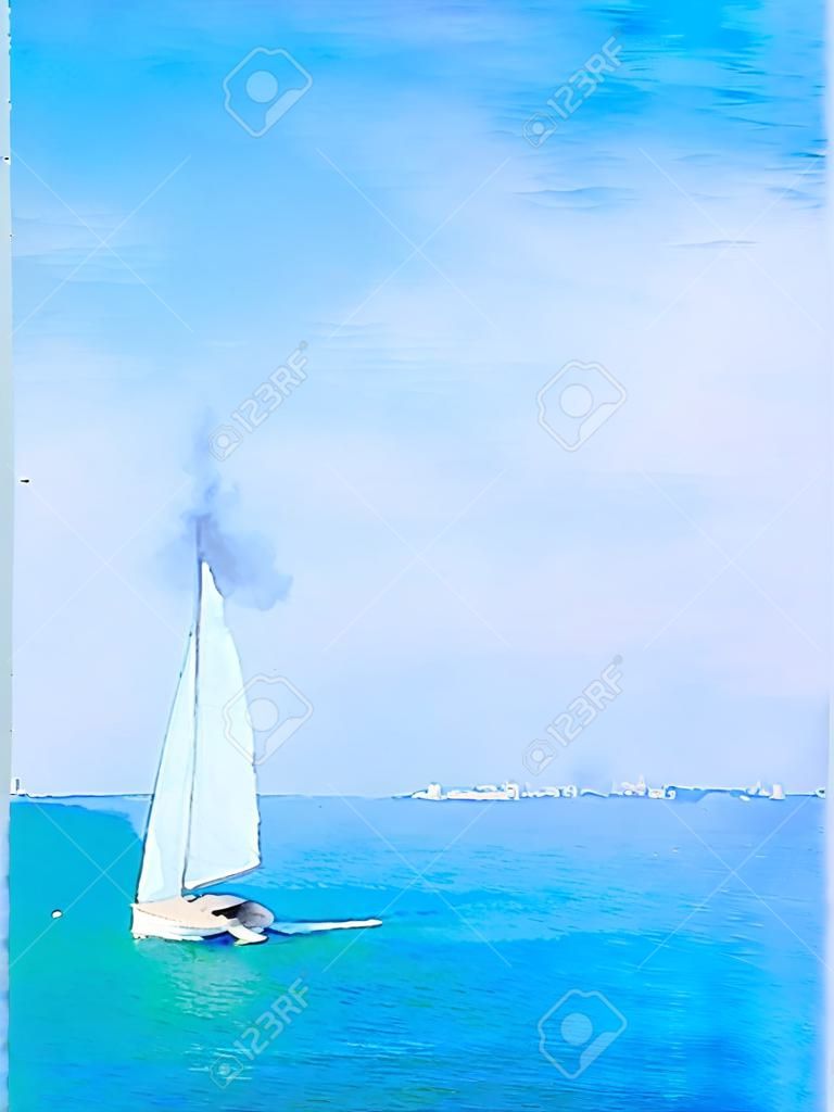 Una pintura digital de la acuarela de un barco de navegación en el mar con sus velas para arriba y con el espacio para el texto. Una imagen de retrato.