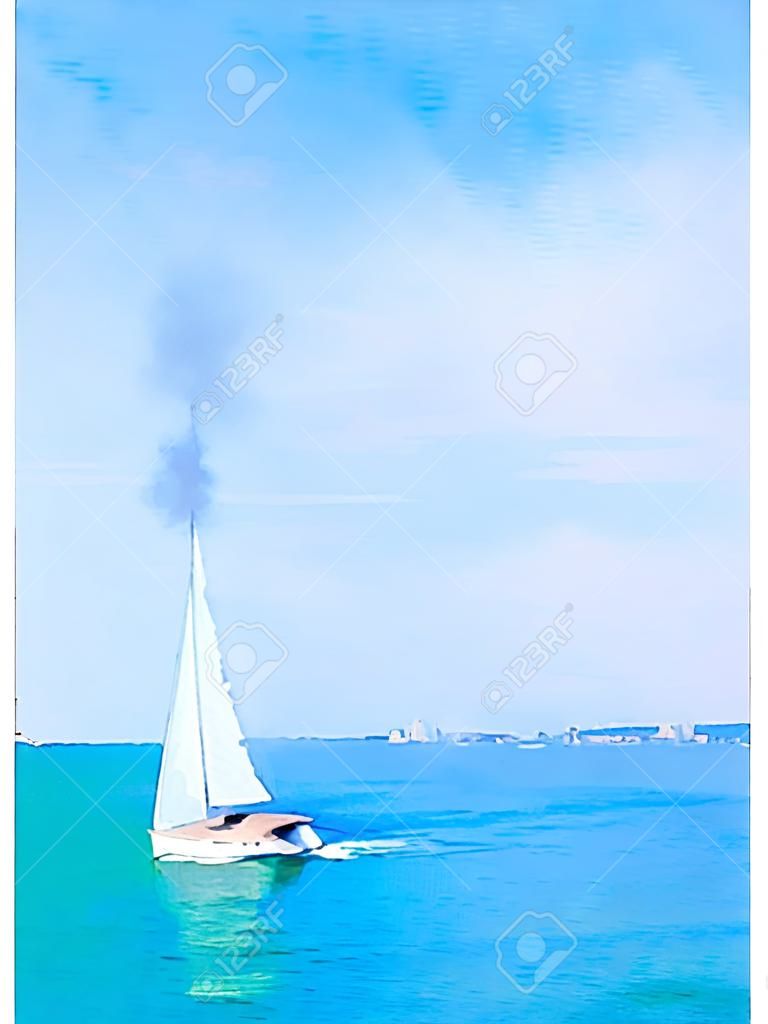 Un dipinto acquerello digitale di una barca a vela in mare con le sue vele e con spazio per il testo. Un ritratto.