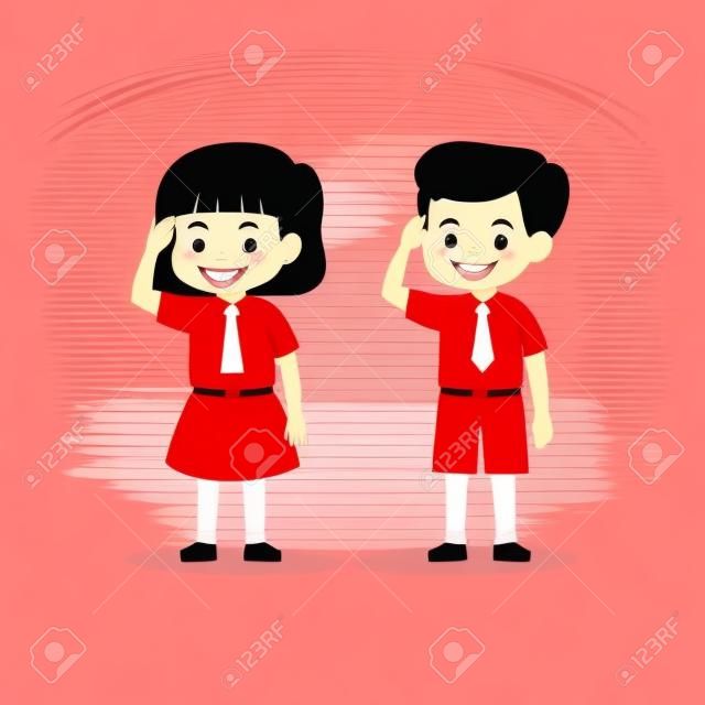 Cute Indonesian Elementary School Boy Girl Student Wearing Red and White Uniform Giving Salute Independence Day Cartoon Vector Illustration