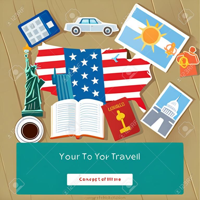 Conceito de viajar ou estudar inglês. Mão desenhada bandeira americana com marcos. Design plano, ilustração vetorial