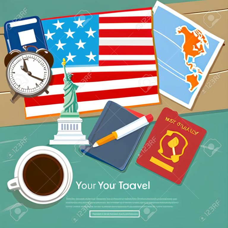 Conceito de viajar ou estudar inglês. Mão desenhada bandeira americana com marcos. Design plano, ilustração vetorial