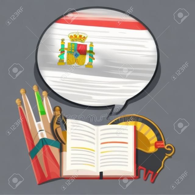 Concepto de viaje o estudiar español. libro abierto con dibujado a mano la bandera española y los símbolos españoles. Diseño plano, ilustración vectorial