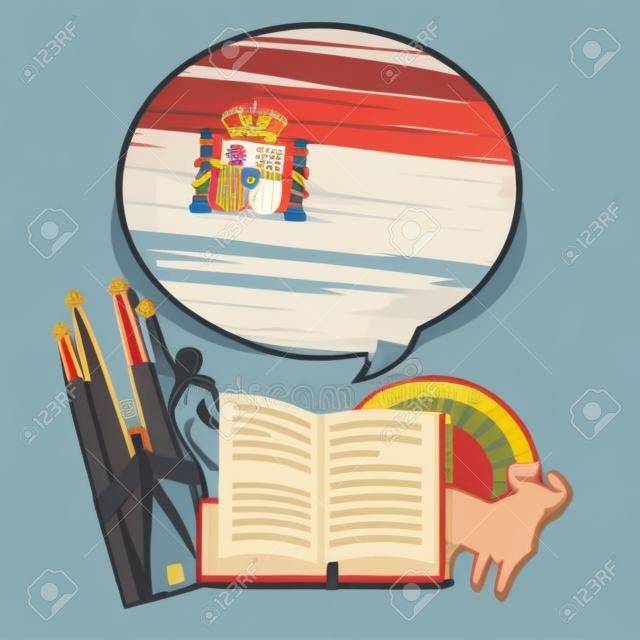 Concetto di viaggio o di studiare lo spagnolo. Libro aperto con disegnata a mano bandiera spagnola e simboli spagnoli. Design piatto, illustrazione vettoriale