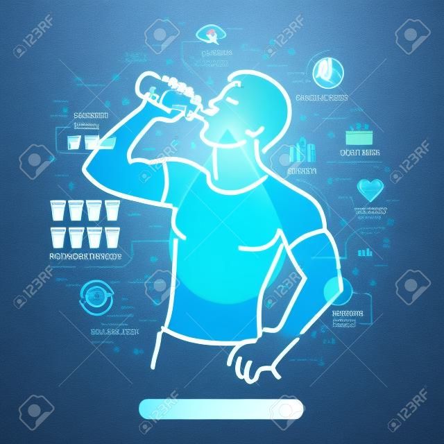 飲料水の利点の概念。男は水を飲む。