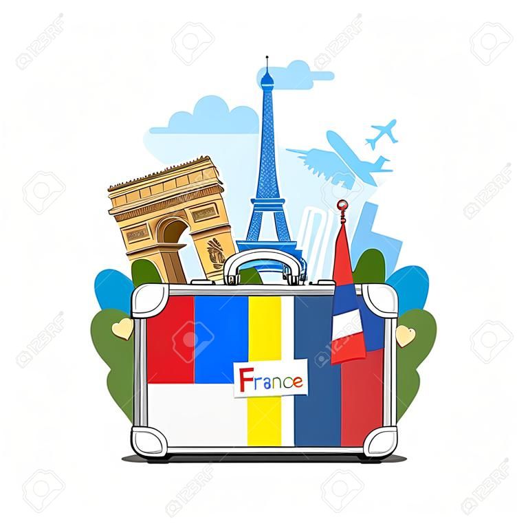 Concepto de viaje a Francia o estudiando francés. pabellón francés con puntos de referencia en la maleta. Diseño plano, ilustración vectorial