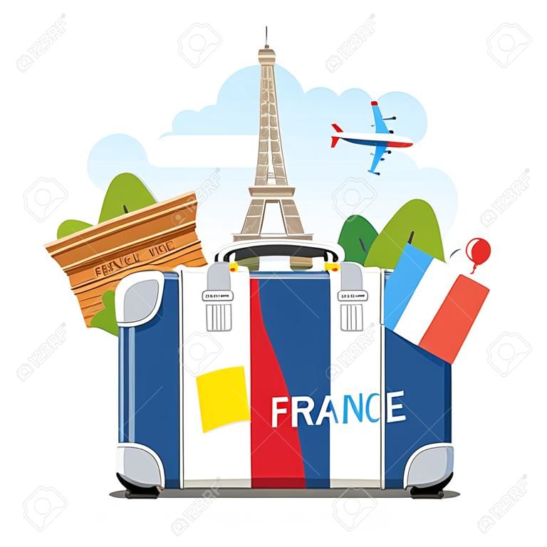 Utazás fogalmának Franciaországba vagy tanul franciául. Francia zászló tereptárgyak bőrönd. Lapos design, vektoros illusztráció