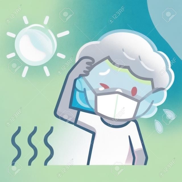 Illustration of an elderly woman with a heat stroke wearing a mask