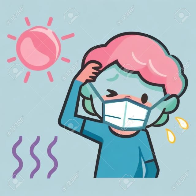 Illustration of an elderly woman with a heat stroke wearing a mask