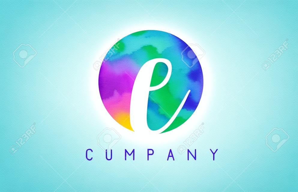 E Watercolor Letter Logo Design with Circular Brush Pattern and Blue Green Purple Colors.