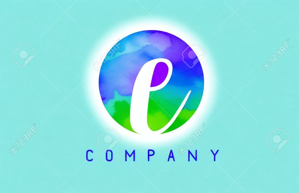 E Watercolor Letter Logo Design with Circular Brush Pattern and Blue Green Purple Colors.
