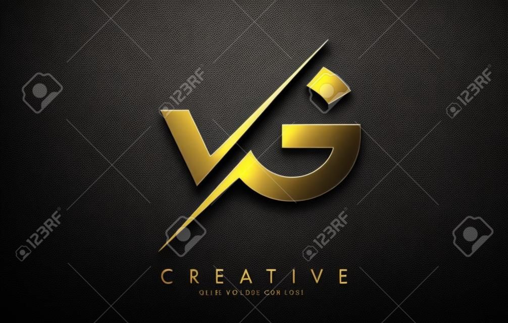 VG V G Golden Letter Logo Design with a Creative Cut. Creative logo design with Black Background.