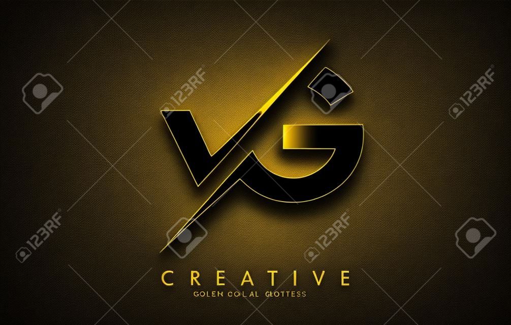 VG V G Golden Letter Logo Design met een Creative Cut. Creatief logo design met zwarte achtergrond.