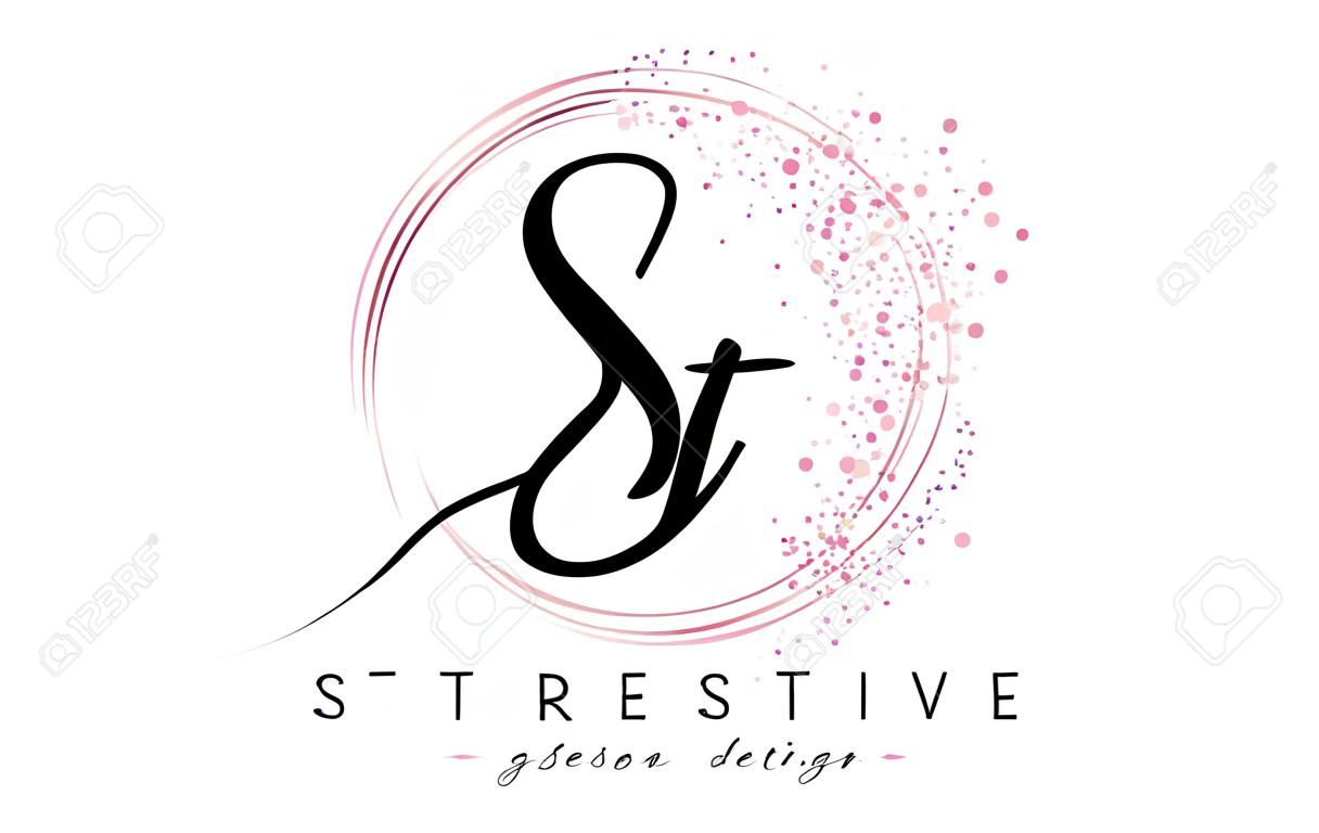 Handwritten ST S T letter logo with sparkling circles with pink glitter. Decorative vector illustration with S and T letters.