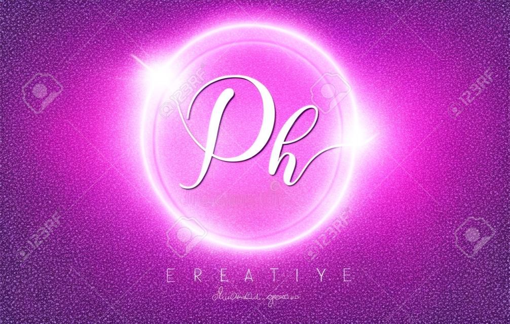 Handwritten Bh B h letter logo with sparkling circles with pink glitter.  Stock Vector