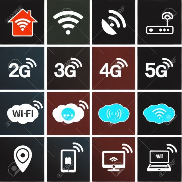Vezeték nélküli és Wifi ikonok. 2G, 3G, 4G és 5G technológia szimbólumok. Vektor