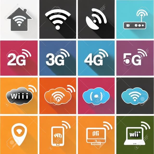 Vezeték nélküli és Wifi ikonok. 2G, 3G, 4G és 5G technológia szimbólumok. Vektor