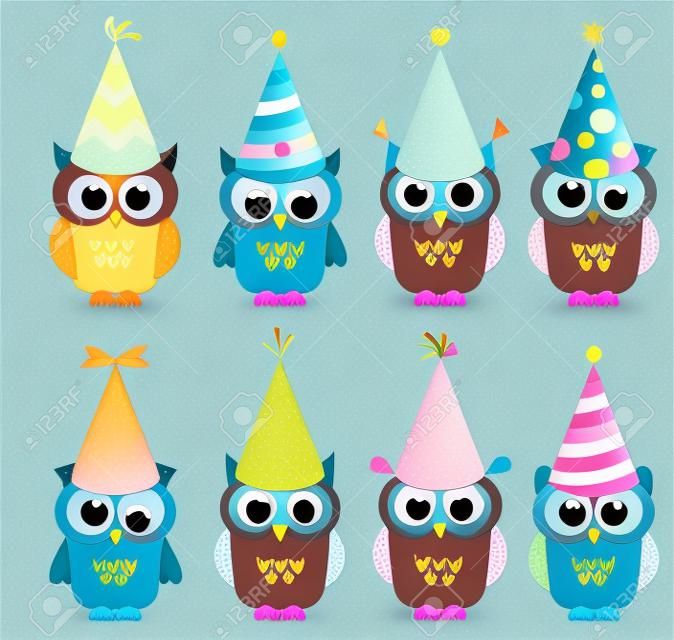 Owls with Birthday party hats