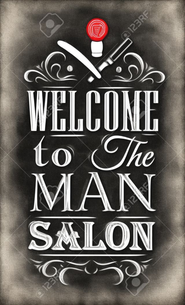 Постер Парикмахерская добро пожаловать в человека салона в стиле ретро и стилизованный для рисования мелом на доске