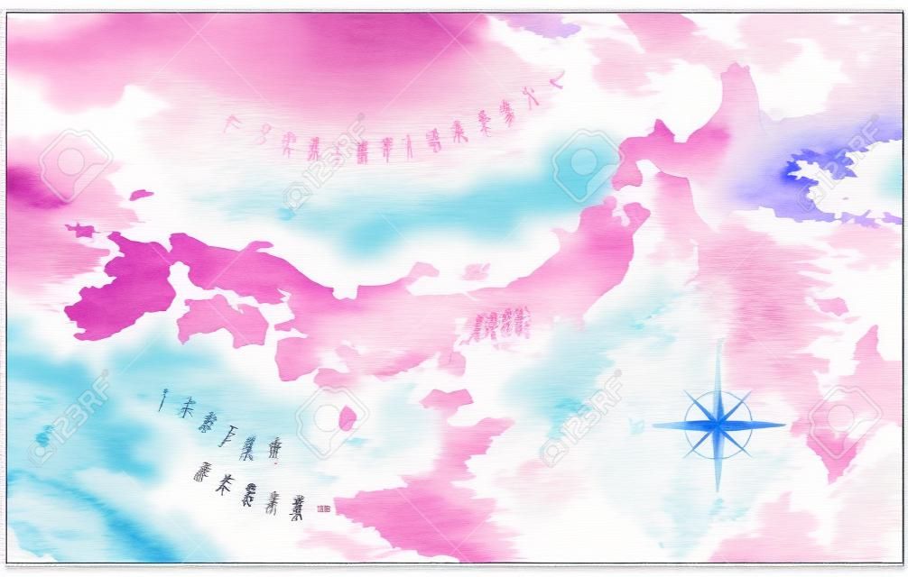 수채화지도 일본 핑크 블루