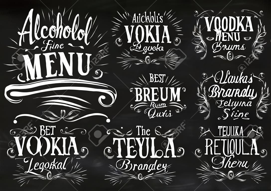 Stellen Sie Alkohol Menü Getränke Schriftzug Namen im Retro-Stil Wodka, Likör, Rum, Cognac, Brandy, Tequila, Whisky stilisierte Zeichnung mit Kreide an der Tafel