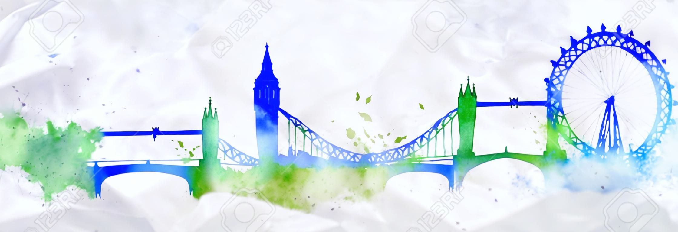 水彩画の水しぶきで描かれたシルエット ロンドン市滴青緑色と縞のランドマーク