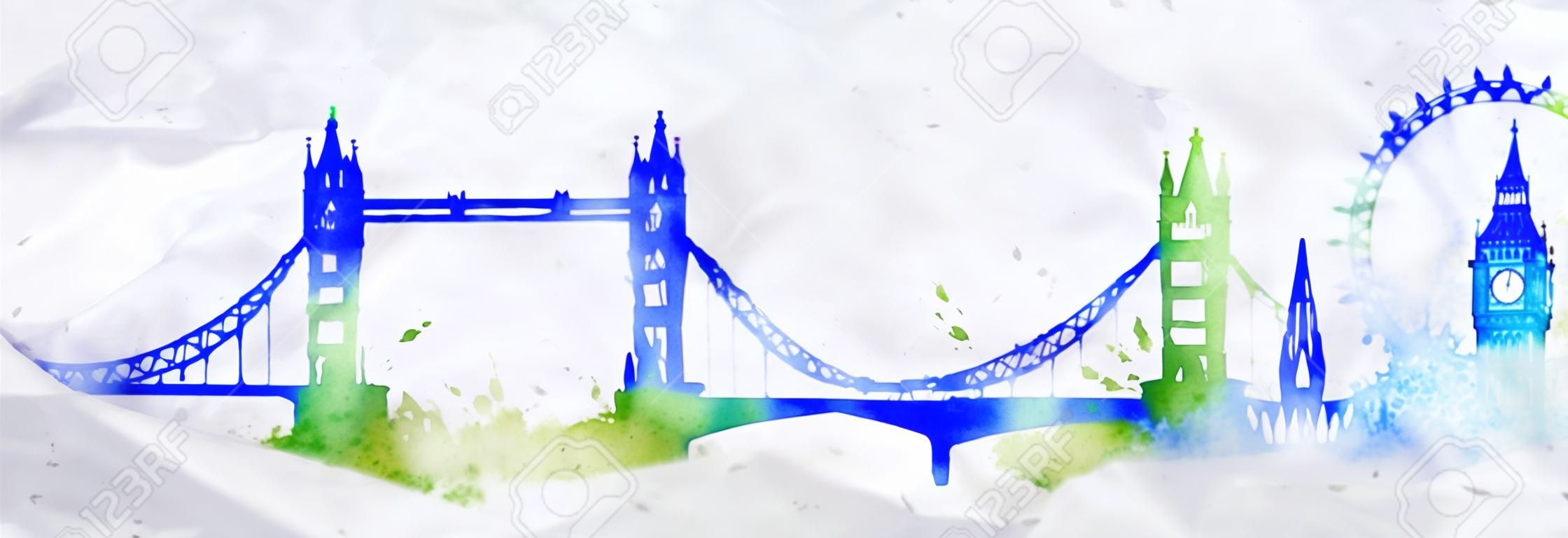 Silhouette London city painted with splashes of watercolor drops streaks landmarks with a blue-green colors