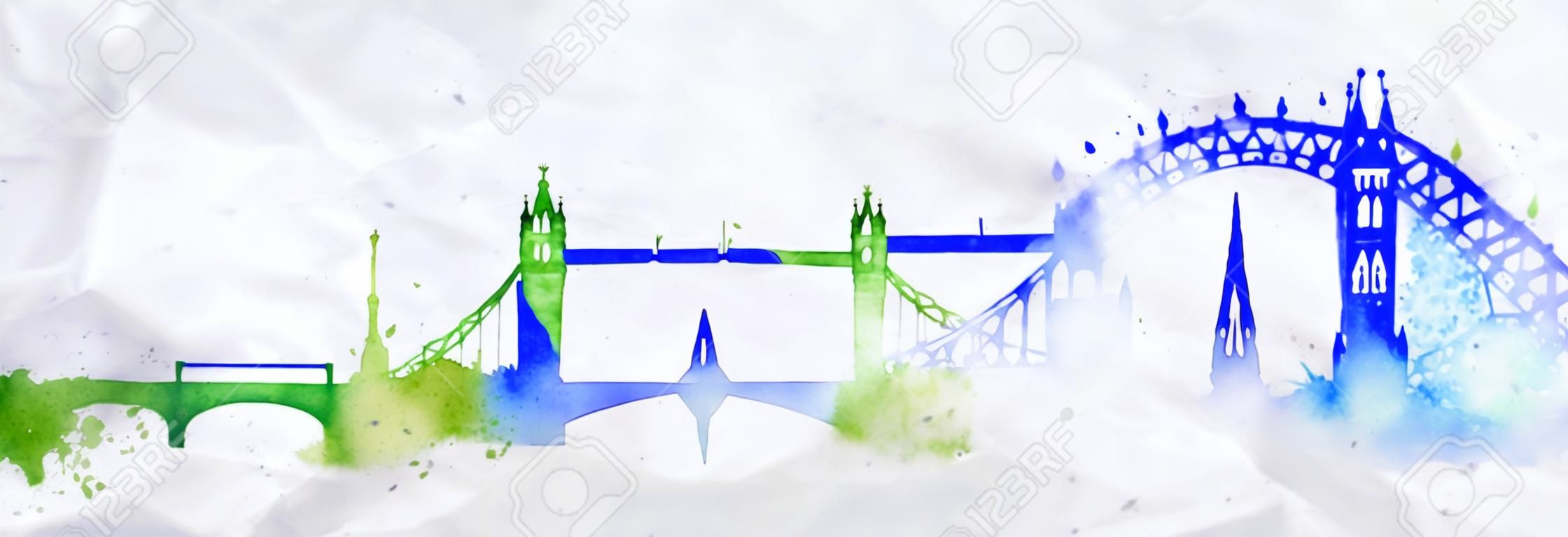 Silhouette Londres cidade pintada com respingos de gotas de aquarela estrias marcos com cores azul-verde