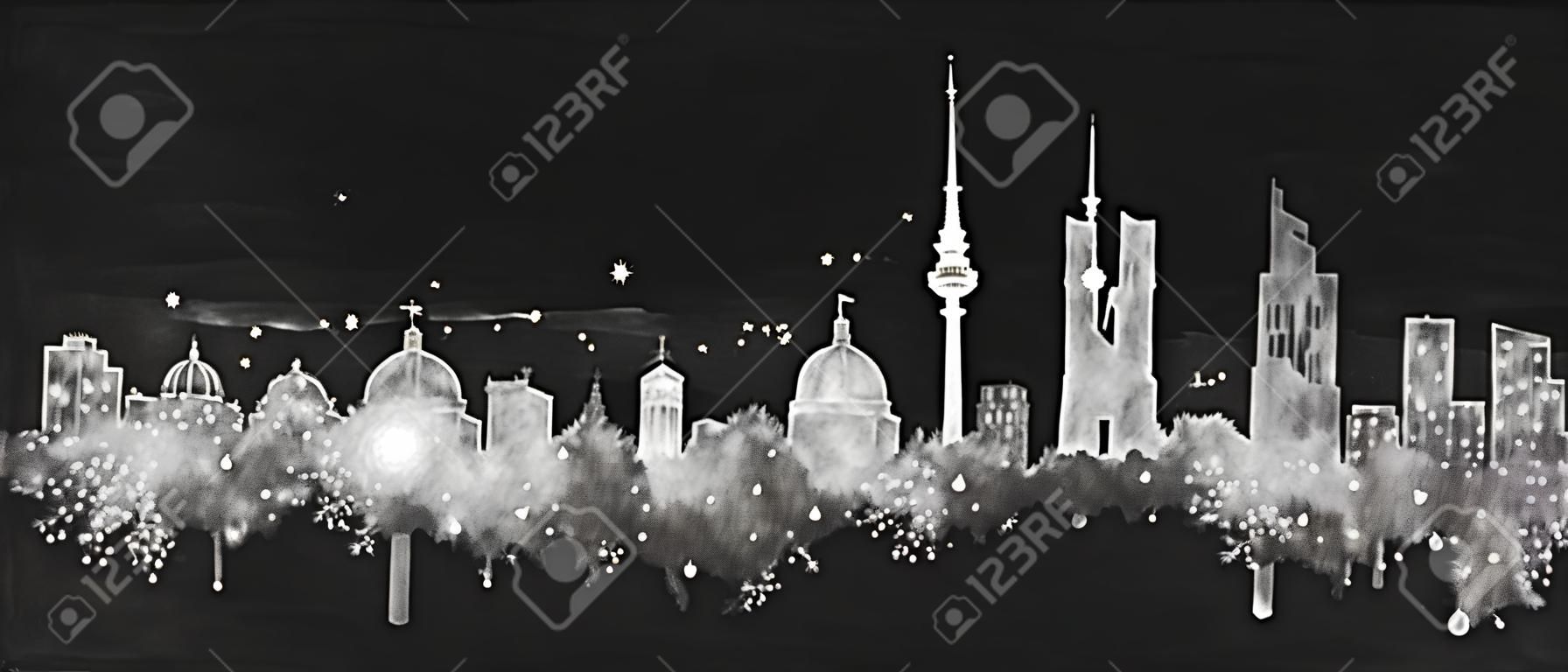 Silhouette Berlin city painted with splashes of chalk drops streaks landmarks drawing with chalk on blackboard
