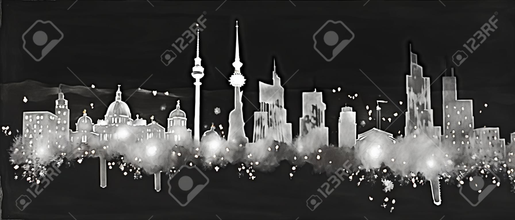 Silhouette Berlin city painted with splashes of chalk drops streaks landmarks drawing with chalk on blackboard