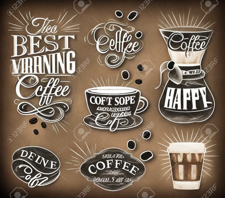 Set van koffieborden die tekenen tekenen krijt in vintage stijl op krijtbord