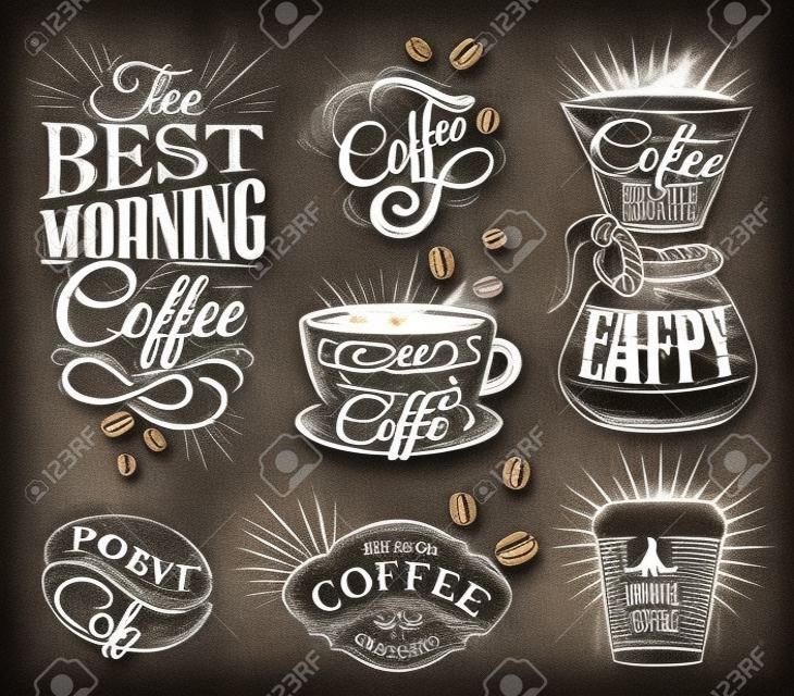 Insieme di segni di caffè lettering disegno di gesso in stile vintage sulla lavagna