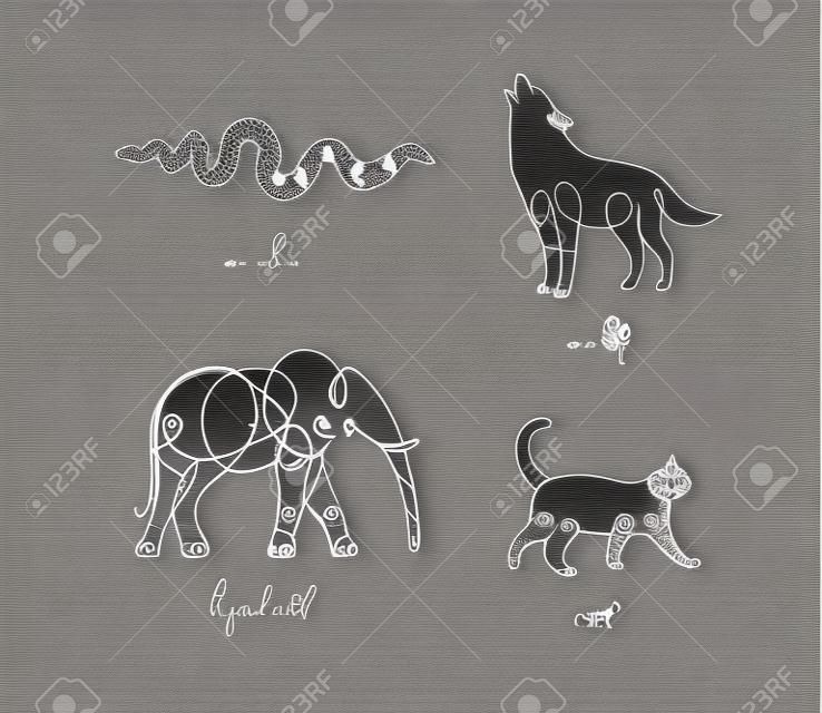 Set van dieren slang, wolf, olifant, kat tekening in pen lijn stijl op lichte achtergrond