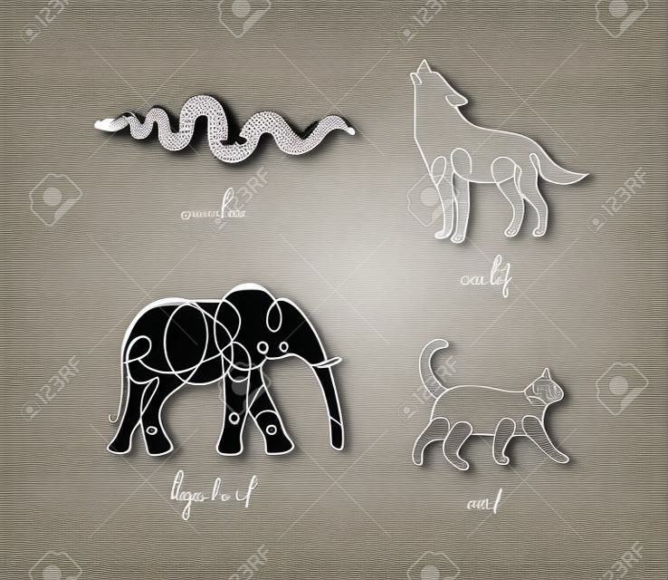 Conjunto de animais cobra, lobo, elefante, gato, desenho, em, pen, linha, estilo, em, luz, fundo