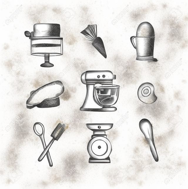 Bakery icon set with illustrated pastry bag, cake, mitts, cook cap, kneading machine, cookies, pastry equipment, scales, whisk in hand drawing style on dirty paper background