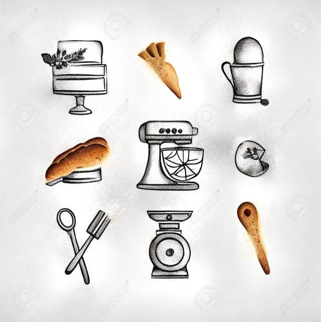 Bakery icon set with illustrated pastry bag, cake, mitts, cook cap, kneading machine, cookies, pastry equipment, scales, whisk in hand drawing style on dirty paper background