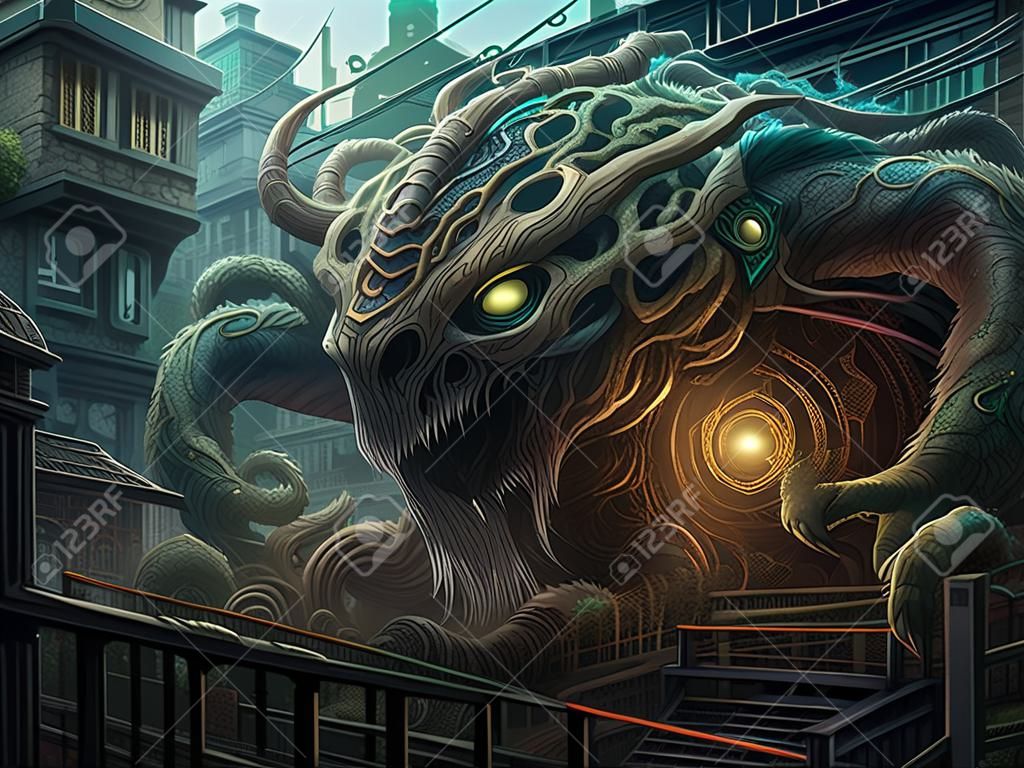 3D Illustration Of A Monster Creature In The City. Fantasy. Фотография,  картинки, изображения и сток-фотография без роялти. Image 206328213