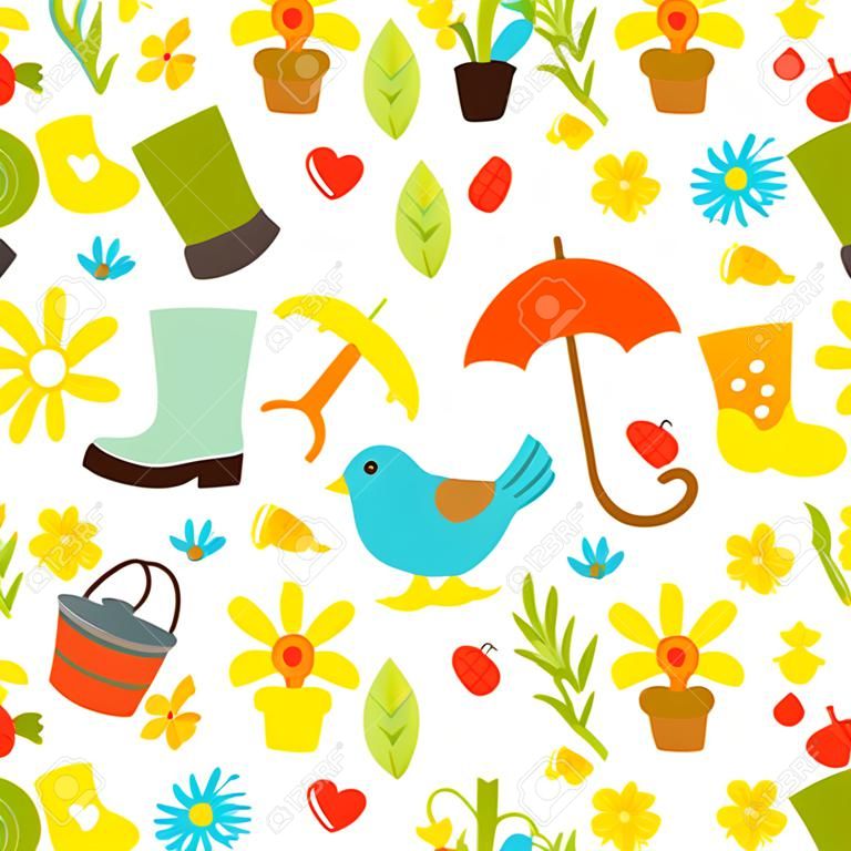 primavera de fondo cute - sin patrón, con iconos que representan las actividades de primavera, la naturaleza y fresshness.