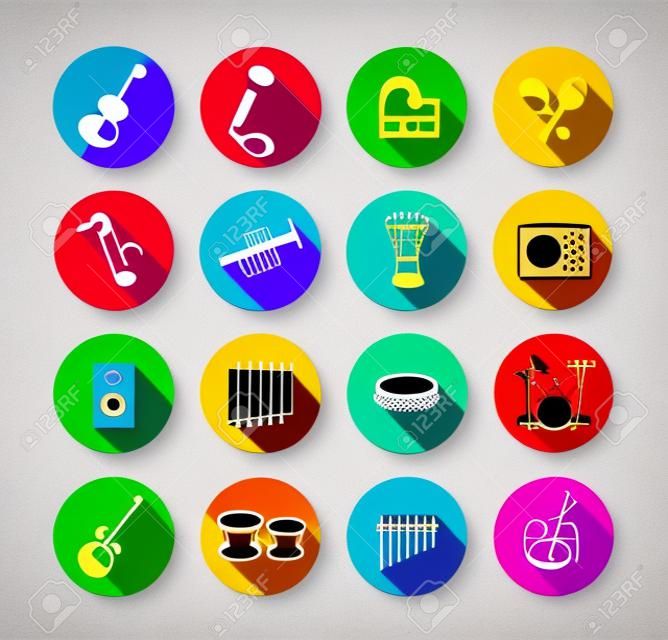 Verzameling van muziekinstrumenten iconen. Kan worden gebruikt op drukwerk of op websites met onderwerpen in verband met muziek, dans, zang, concerten of het spelen van muziekinstrumenten. Platte design stijl.