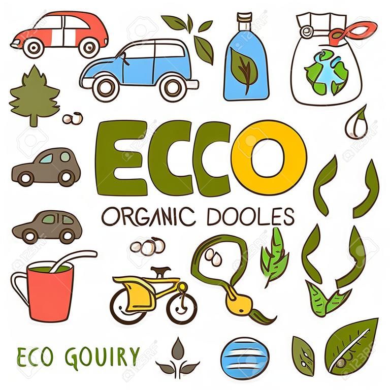 Öko- und Bio-Doodles - Symbole. Ökologie, nachhaltige Entwicklung, Naturschutz.